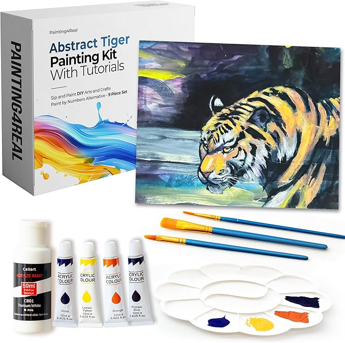 DIY Painting Kits for Adults and Kids with Video Tutorials: Learn How to Paint Abstract Tiger – Painting Set & Art Supplies Kit – 9 Piece Acrylic Paint Set