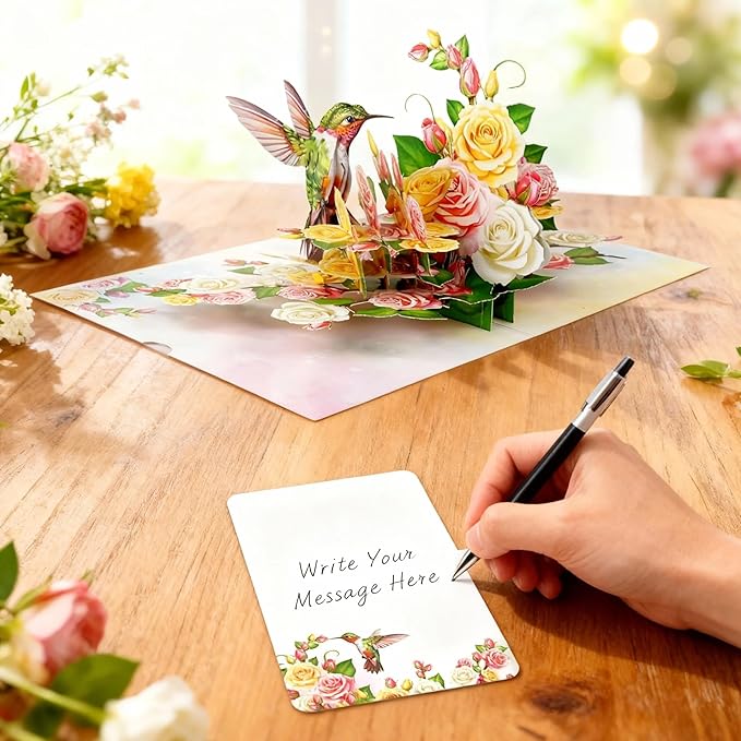 Greeting Card Green Hummingbird with Roses 3D Pop-Up Cards Handmade Birthday Flower Gift for Women, Mom, Wife, Men 6x8 Inches Aniversary Wedding Christmas Gifts Floral Thank you Envelope