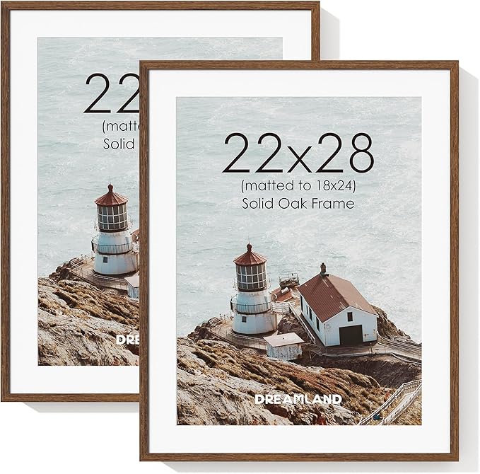 Dreamland Natural Oak Wood Picture Frame 22x28, Wooden Poster Frame with Mat for 18x24, 22 x 28 Matted Picture Frames with Tempered Real Glass for Wall Art Photo and Prints, Walnut Color, Set of 2