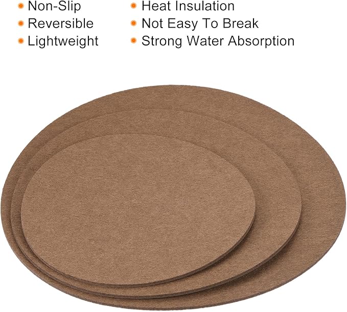 MECCANIXITY Plant Coasters 8 10 12 Inch Reversible Absorbent Waterproof Round Felt Pad Mat, Brown 9in1 Set