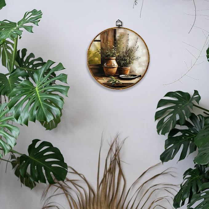 Hiuwevt Vintage Botanical Round Wall Art Decor, Antique Still Life Plant Framed Canvas Prints, Rustic Farmhouse Round Wall Hanging Decor for Home Living Room Decorations, 10x10 Inches