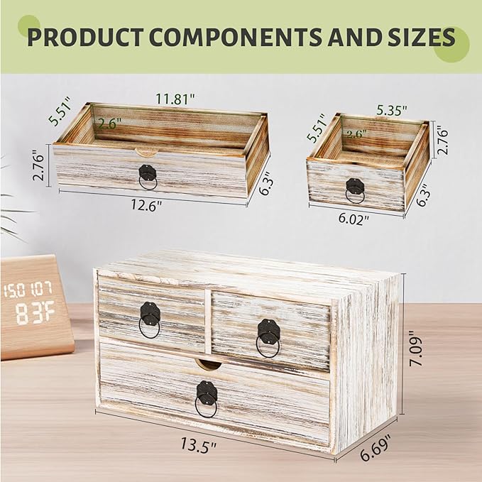 Wood Desk Organizer with Drawer, Vintage Brown Wooden Desktop Organizer, Tabletop Storage Organization Box for Countertop, Home Office Supplies (3 Drawer)