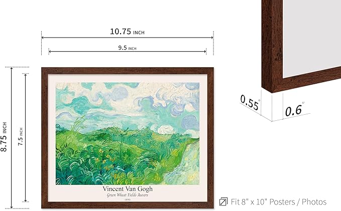 Monem Art Vintage Van Gogh Poster - Retro Green Wheat Fields Auvers Print - Impressionism Art - Fine Art - Landscape Art - Classic Painting Art - Great Living Room Decor - 8x10 Brown Framed