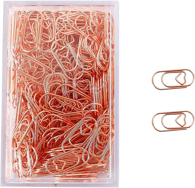 200 Pcs Small Rose Gold Paper Clips Love Heart Shaped Paperclips Stainless Steel in Tinplate Paper Clips Holder for Office School Home Desk Organizers