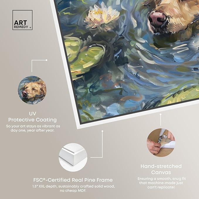 Art Remedy Monet Water Lilies Dog Rustic Chic Farmhouse Canvas Wall Art, White Floater Frame, 36"x30"