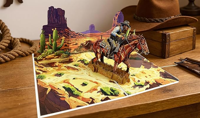 3D Pop Up Greeting Card – Handmade Cowboy on Horse Card – Texas Western Desert Scene – Birthday, Father’s Day, Retirement, Country & Rodeo Gift