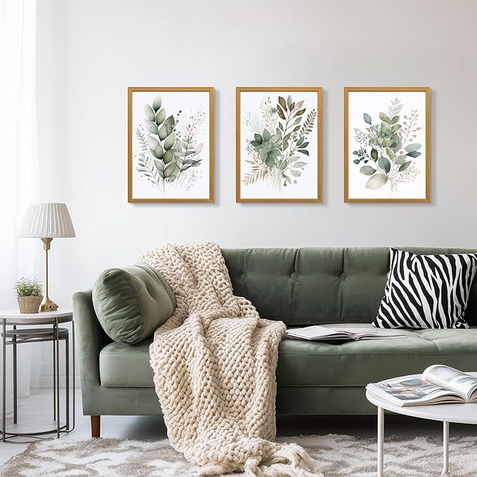 HLXRAE Watercolor Botanical Wall Art Set of 3, Neutral Sage Green Bathroom Wall Decor, Modern Floral Canvas Paintings, Minimalist Farmhouse Poster Prints for Bedroom Living Room Wood Framed 16x24 Inch
