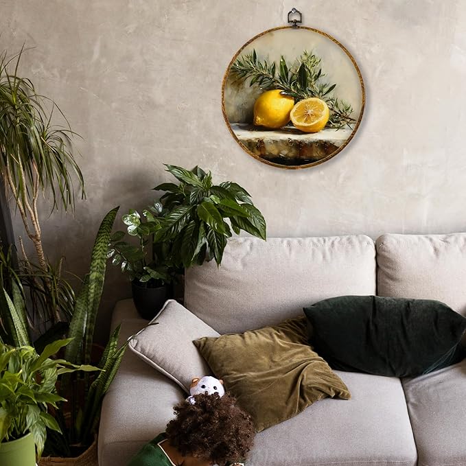 Hiuwevt Farmhouse Lemon Round Wall Art Decor, Vintage Rustic Lemon Framed Canvas Prints, Cottagecore Country Fruit Botanical Round Wall Hanging Decor for Kitchen Dining Home Decorations, 10x10 Inches