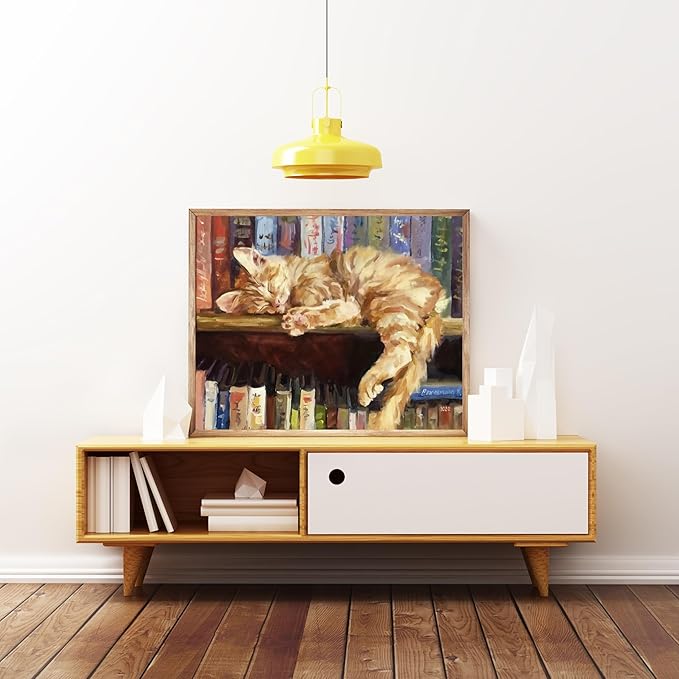 Paint by Numbers Kit for Adults Beginner,Bookshelf Sleeping Cat Paint by Number Kits Canvas Without Framed,Animal Cat DIY Acrylic Oil Painting Adults Paint by Numbers Kits for Home Wall Decor 20x16 In