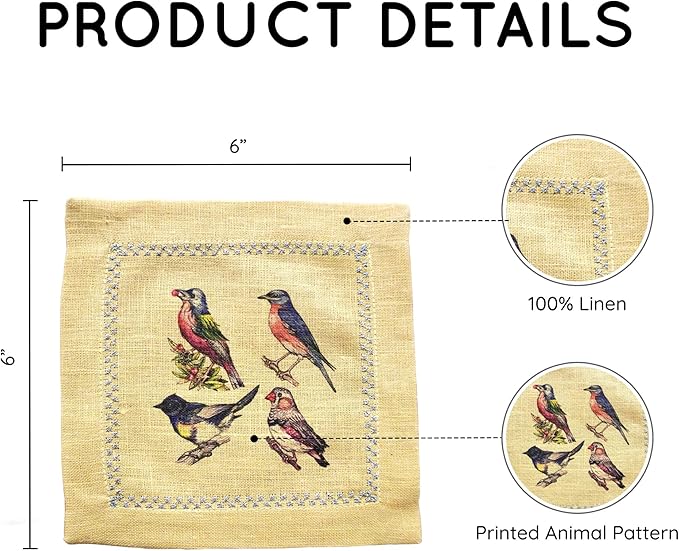 Cocktail Napkins Set of 6, 6x6 inch, 100% Linen, Printed Animal Pattern, Reusable & Washable Cloth Coasters for Beverages, Hosting, Gifting & Everyday Use (Four Birds - Colorful)