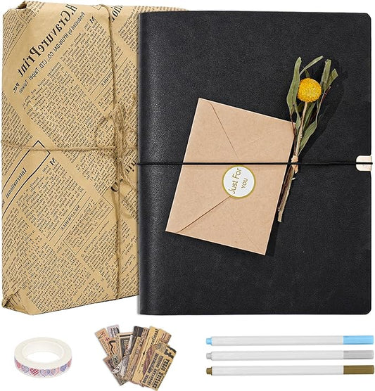 Vienrose Photo Album Scrapbook Kit, 3 Ring Faux Leather Cover DIY Memory Book Kraft Paper with 50 Sheets 100 Pages, Vintage Scrapbooking Supplies Set for Wedding, Anniversary, Family, Gifts, Black
