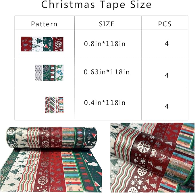 Christmas Holiday Washi Tape Set Xmas Winter Foil Washi Masking Tape Bullet Journal Kids Chirstmas Craft Supplies with Snowflake Tree Deer Striped, Perfect for Christmas Card Gift Wrapping 12 Rolls