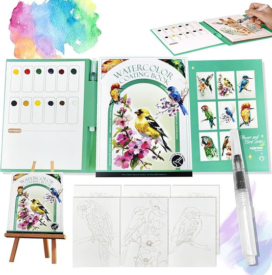 2026 New Creative Stress Relief Kit Watercolor Painting Book,DIY 3-Fold Watercolor Pad, Relax and Adjust Your Mood, for Beginners and Enthusiasts (Birds)
