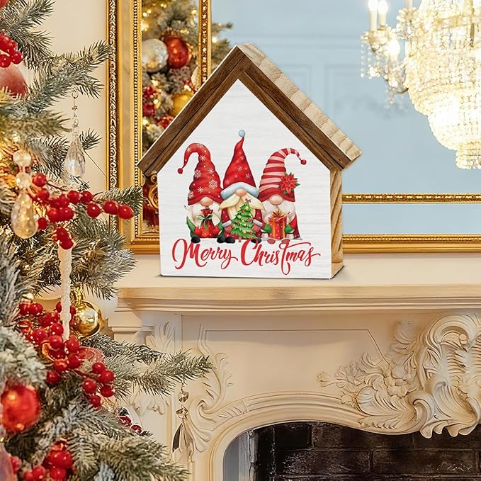 Gnome Christmas Decorations, Merry Christmas Gnomes House Shaped Wood Sign, Farmhouse Home Decor for Desk Table Shelf