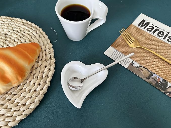Coffee & Tea Spoon and Rest Set for Coffee Bar Accessories, Heart Cute Mini & Small Coffee Spoon Rest & Holder for Coffee Station & Bar, Teaspoon Rest & Holder (White Rest with Silver Spoon)