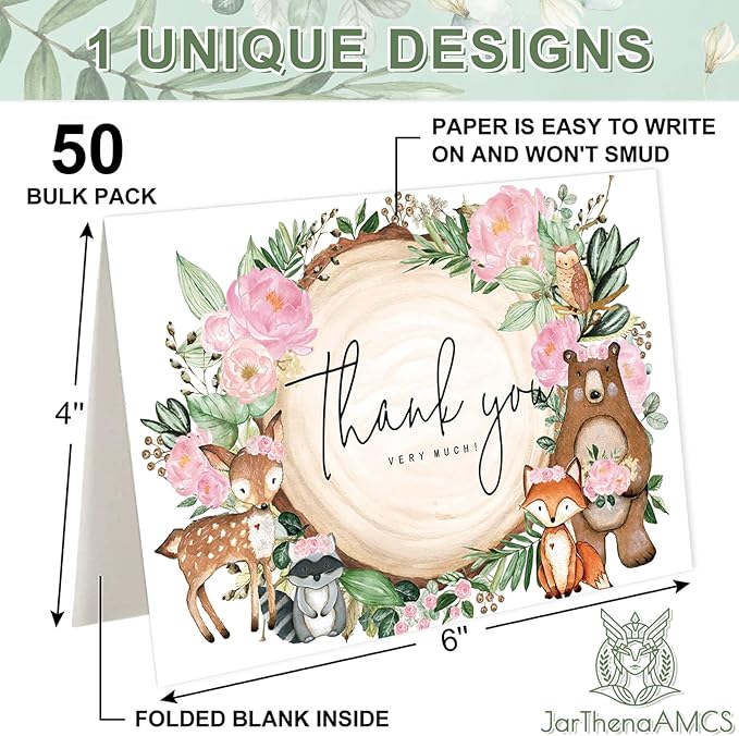 JarThenaAMCS 50 Pack Woodland Thank You Cards Boxed Pink Floral Forest Animal Greeting Cards With Envelopes Stickers Blank Note Cards for Baby Shower Birthday, 4 x 6 Inch