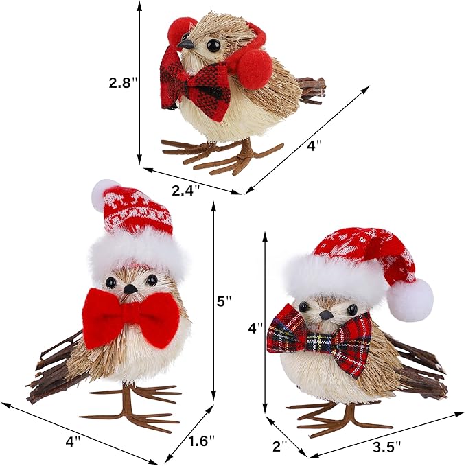Set of 3 Christmas Birds Table Top Decorations, Christmas Twig Bird Figurines with Plush Hat, Red Bird Xmas Ornaments Tabletop Decor for Mante Kitchen Fireplace Home Holiday