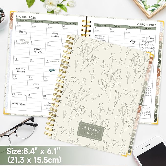 GuassLee 2026 Planner, Weekly and Monthly Planner from January 2026-December 2026, 8.4"x 6.1" Aesthetic Beige Agenda Book with Back Pocket, Stickers, Coated Tabs for School Office Supplies, A5 Size