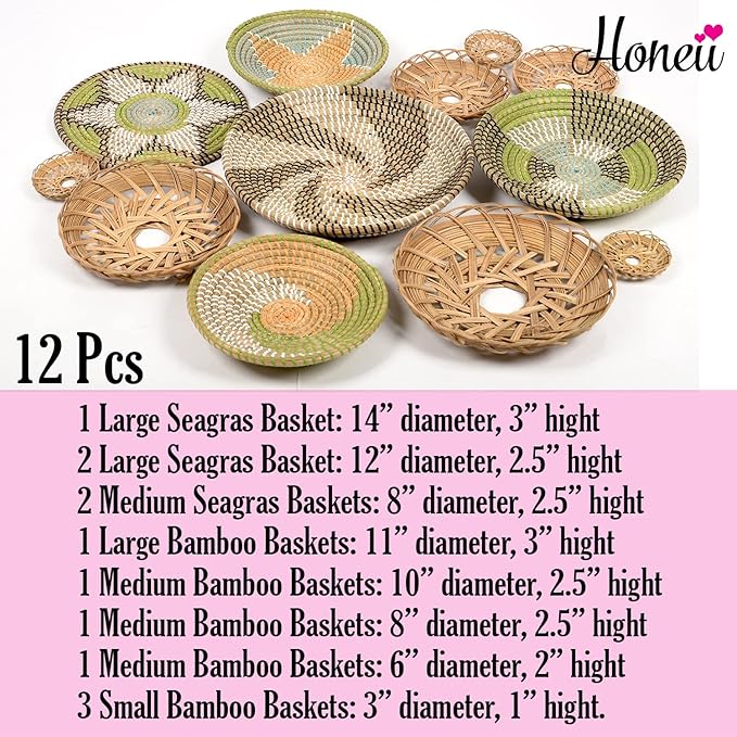 Boho Wall Baskets for Decor, Wicker Hanging Basket, Boho Wall Art, Woven Hanging Basket, Rattan Decor, Bohemian Decorative for Living Room Or Bedroom, Round Bamboo and Seagrass Plates 12 Pcs
