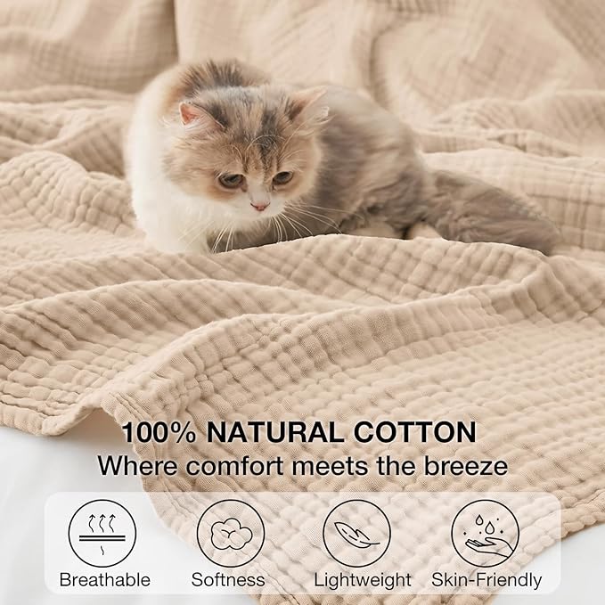 100% Cotton Muslin Blanket Queen 90" x 90", 6 Layers Breathable and Lightweight Cotton Throw Blanket for Bed, Soft Quilt Bedspread Coverlet, Gauze Blanket for Adults All Season, Beige Linen, Oatmeal