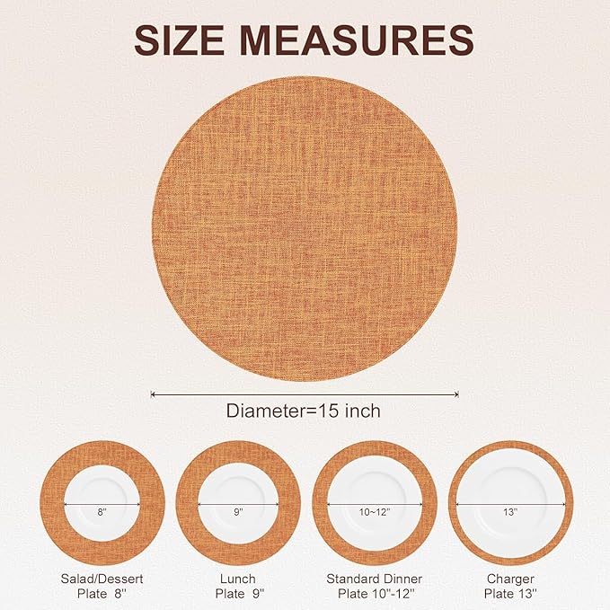 homing 15 Inch Round Cloth Placemats Set of 4, Cotton Linen Blend Washable Table Mats, Farmhouse Dining Place Mats for Indoors & Outdoors, Easy to Clean, Orange