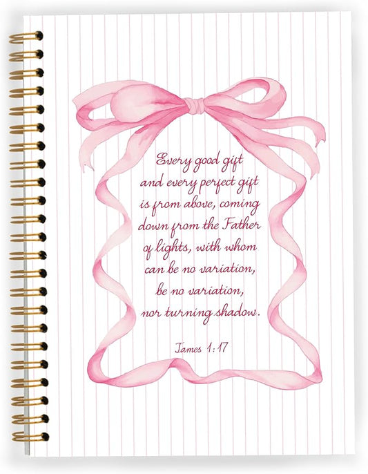 Christian Notebook, Coquette Pink Bow Bible Verse Spiral Notebook 5.5x8.3, Preppy Aesthetic Journal for Women, Coquette Office Supplies, Bible Journaling Spiral Journal