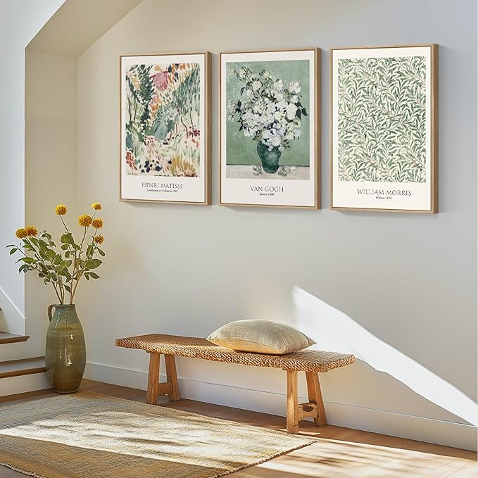 Framed Large Matisse Wall Art for Living Room, 3 Pieces Vintage Sage Green Canvas Painting Artwork for Walls, Botanical Wall Art Prints for Bedroom, Guest Room, Hallway, Home Office Wall Decor, 16x24