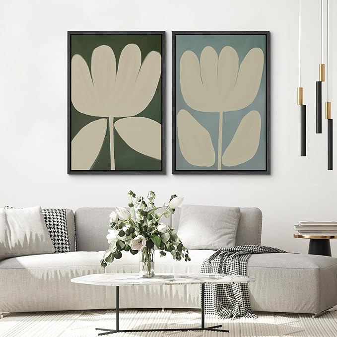 SIGNWIN Framed Canvas Print Wall Art Set Minimalist Floral Neutral Beige Flower Illustrations Modern Art Minimal Boho Colorful for Living Room, Bedroom, Office - 16"x24"x2 BLACK