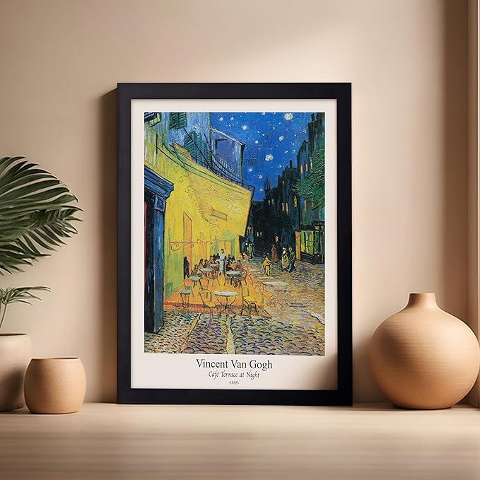 Monem Art Vintage Van Gogh Poster - Retro Cafe Terrace at Night Print - Impressionism Art - Fine Art - Classic Painting Art - Aesthetic Living Room or Bedroom Wall Decor - 16x20 Black Framed