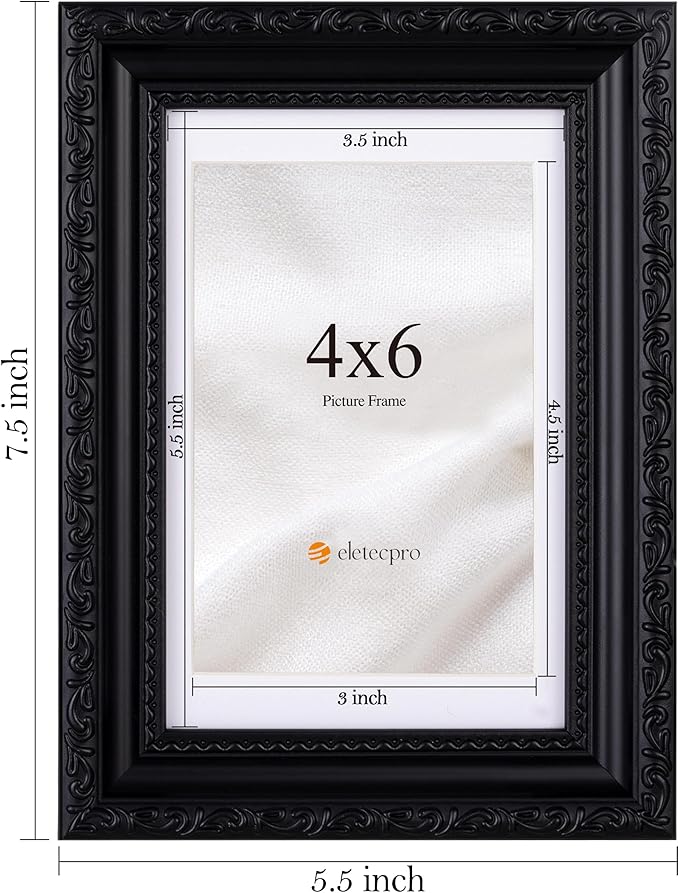eletecpro 4x6 Picture Frames Set of 4, Ornate Vintage Photo Frames with Glass, Display 3.5x5 Photo with Mat or 4x6 without Mat for Tabletop or Wall Decor, Black