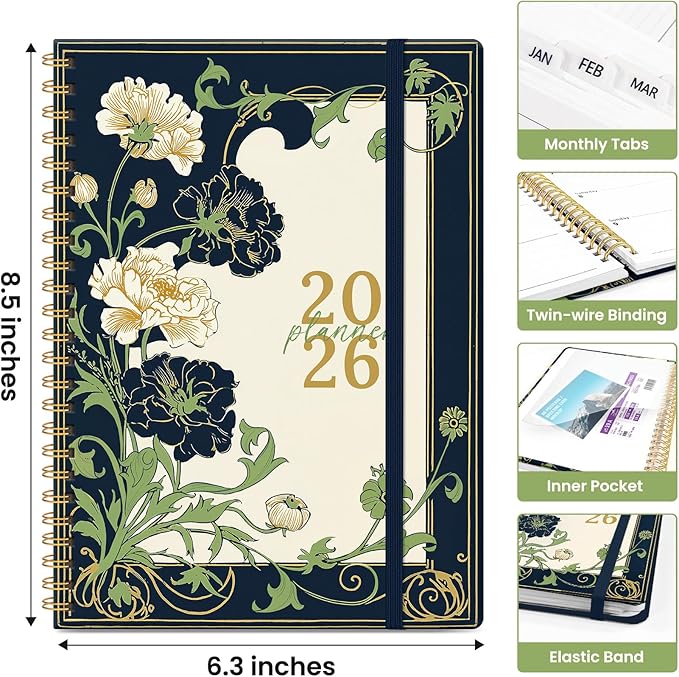 2026 Planner, Weekly and Monthly Calendar Planner for Women, Jan 2026 - Dec 2026, Hardcover Planning Agenda book with Tabs, Spiral Bound, Inner Pocket, Perfect for School Office Supplies, 6.3" x 8.5" - Floral Dream