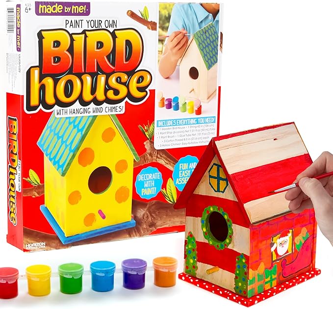Made By Me Build & Paint Your Own Wooden Bird House Horizon Group USA, DIY Birdhouse Making Kit, Includes Paints, Brushes, Glue & Wind Chimes, Multicolor (46090F)