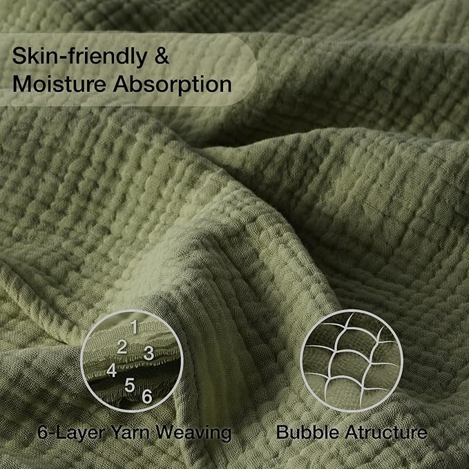 100% Cotton Muslin Blanket 40" x 40", Breathable and Lightweight Cotton Throw Blankets, Soft Cooling Summer Gauze Blanket for All Season, Oive Green