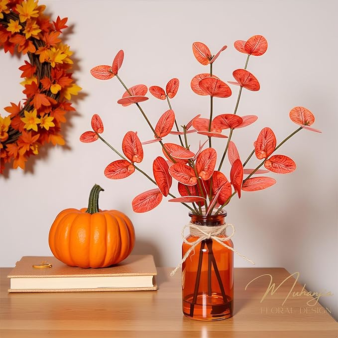 Muhanjia Artificial Eucalyptus Stems in Amber Glass Vase with Faux Water,3Pcs Fake Plant with Double-Sided Orange Leaves for Centerpiece (Double-Sided Orange Eucalyptus)