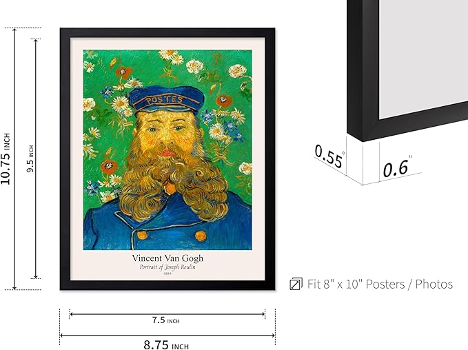 Monem Art Vintage Van Gogh Poster - Retro Portrait of the Joseph Roulin Print - Impressionism Art - Postman Art - Fine Art - Classic Painting Art - Living Room Wall Decor - 8x10 Black Framed