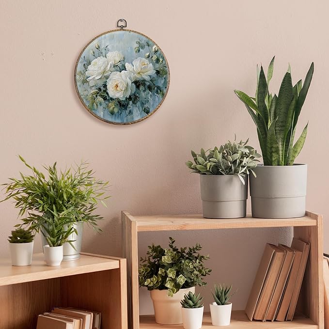FUGWN Vintage Rose Floral Round Wall Art Decor Framed, Rustic White Botanical Floral Canvas Artwork Prints, Cottagecore Flower Wall Hanging Decorations for Home Bedroom Living Room, 10x10 Inch