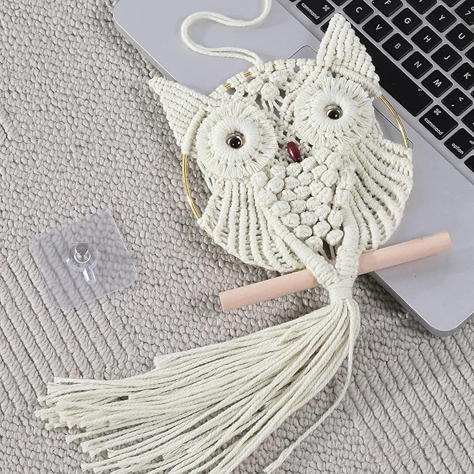 Owl Ivory Cotton Handmade Macrame Wall Hanging Tapestry Home Decor Art and Beige Craft Wonderful Decoration Woven Boho Ornament for Office Bedroom Apartment Living Room Cream Nursery