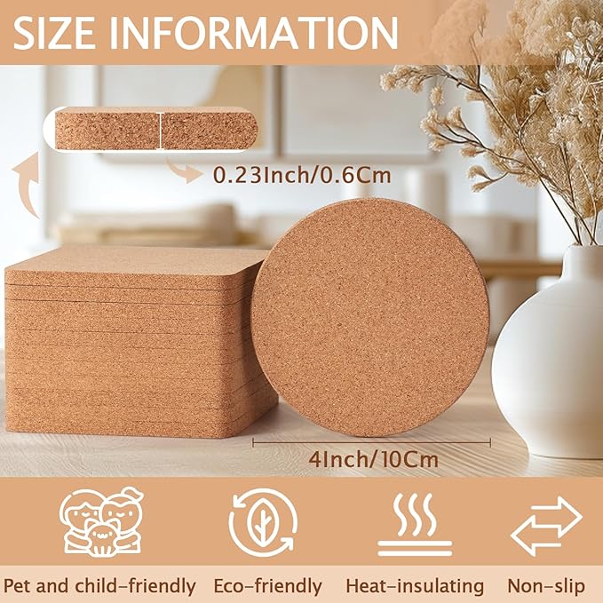 60 Pieces Cork Coasters for Drinks, GOH DODD Thicken Absorbent Blank Coasters for DIY Crafts Laser Engraving Sublimation Wood Burning Plants Painting Housewarming Gifts Wedding Education, 4 Inch