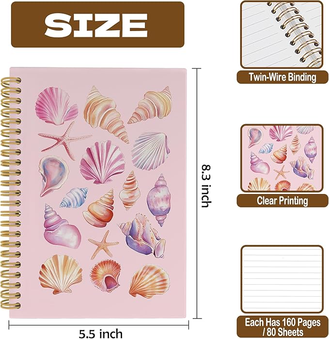 Preppy Beach Notebook, Pink Coastal Preppy Beach Seashell Aesthetic Journal Notebooks, Ocean Journal, Pink Office Supplies, Ocean Hardcover Spiral Notebook 5.5x8.3 Inch