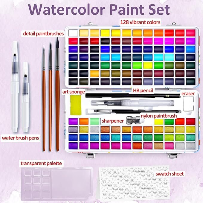 Caliart 128 Colors Watercolor Paint Set Portable, for Adults Artists Professionals Teen Girls Boys Beginners, Art Supplies Watercolor Painting Kit Sketch Coloring Drawing Christmas Gifts