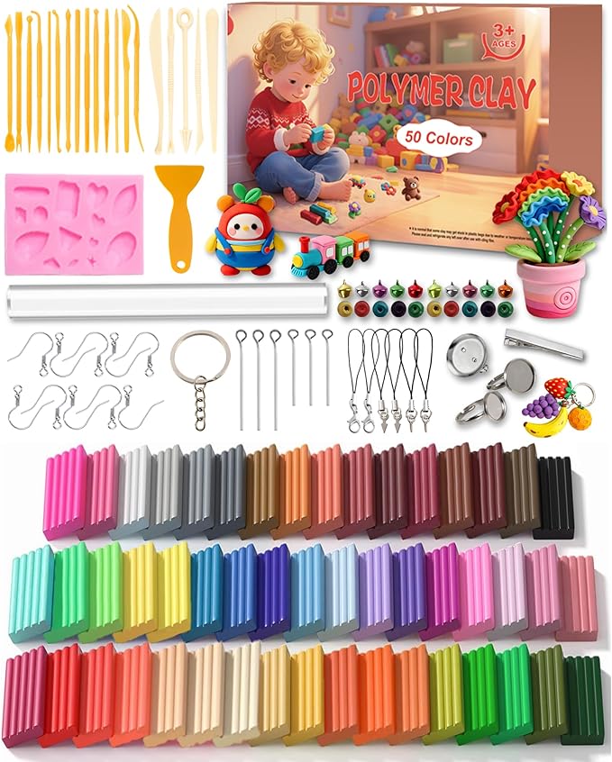 Polymer Clay Kit, 50 Colors Oven Bake Clay with 20 Sculpting Tools and 9 Accessories, Non-Sticky Modeling Clay for Kids DIY Crafts, Birthday and Christmas Gift for Beginners