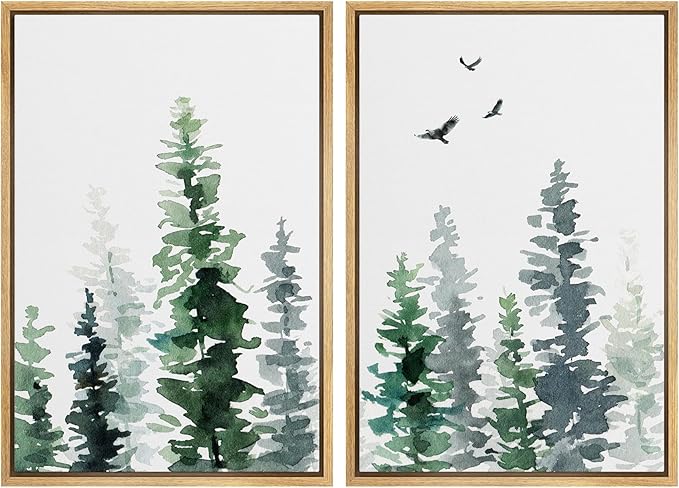 SIGNWIN Framed Wall Art Print Set Watercolor Green & Gray Forest and Birds Nature Wilderness Illustrations Modern Art Rustic Relax/Calm Multicolor for Living Room, Bedroom, Office - 24"x36"x2 Natural