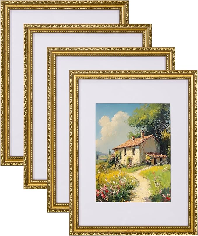 eletecpro 12x16 Picture Frames Set of 4, Vintage Photo Frame with Glass, Ornate Gold Frames 12 by 16 Display 8.5x11 Photo with Mat or 12x16 without Mat for Home Wall Decor, Gold