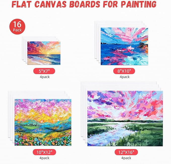 Simetufy 16 Pcs 4 Sizes Painting Canvas Boards 4 Each of 6x8, 8x10, 10x12, 12x16, 100% Cotton Blank Paint Canvas Panels for Oil Acrylic Watercolor, Acid-Free for Kids & Artists Gift