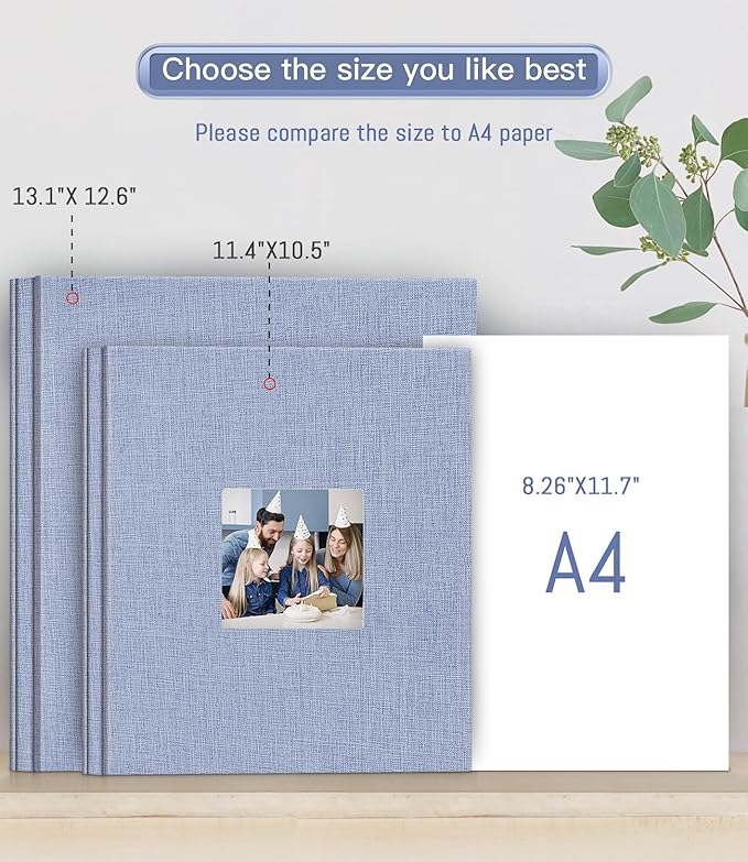 popotop Photo Album Self Adhesive with Picture Display Window,60 Pages DIY Scrapbooking Supplies Kit for 4x6 8x10 Picture,Linen Cover Memory Book for Baby Wedding, with Scraper and Metallic Pen