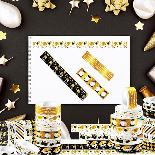 12 Rolls Graduation Washi Tape Set, Gold Foil Congratulations Graduation Masking Tapes, Black Gold Star Grad Cap Decorative Sticker Tape for Graduation Scrapbook DIY Crafts Gift Packaging 16.4FT