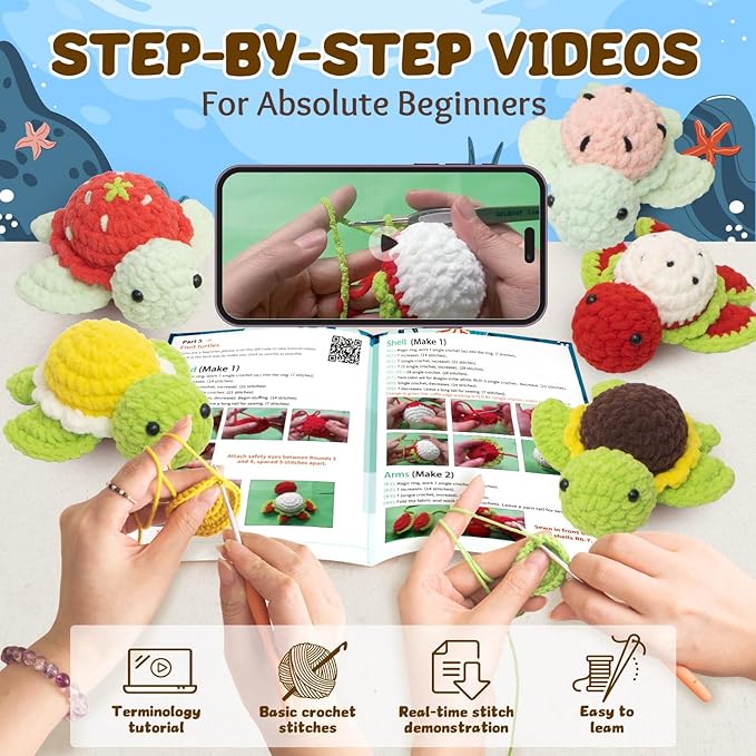 POP COCHE Crochet Kit for Beginners, Crochet Starter Kits for Adults, Amigurumi Craft Knitting Crochet Animal Kit with Step-by-Step Video Tutorials, 5 Fruite Turtles (40%+ Yarn)