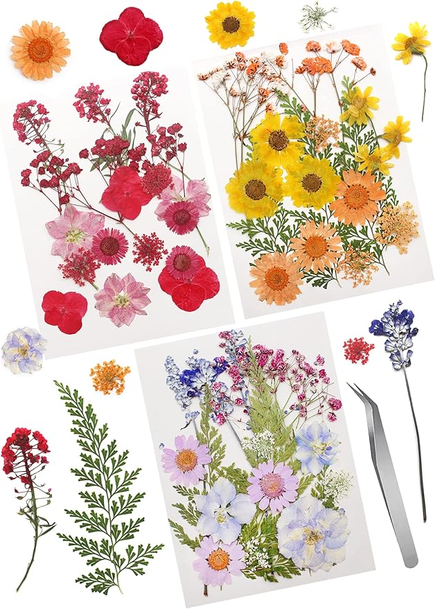 Cinvo 54 Pcs Real Dried Pressed Flowers and Leaves Natural Dried Petals Greenery with Tweezer for Candle Resin Jewelry Soap Nail Pendant Phone Case Crafts Making Floral Decors DIY Embellishments