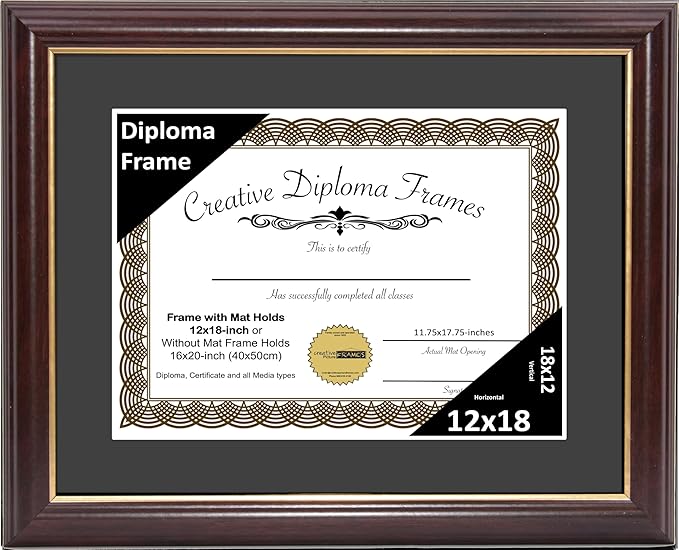 Creative Picture Frames 12"x18" Mahogany Gold Rim Diploma Frame with Black Mat Glass and Installed Wall Hangers | Frame Holds 16 by 20-inch Media without Mat