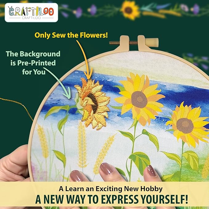 CRAFTILOO 4 Pack Embroidery Kit for Beginners Stamped Cross Stitch Kits for Beginners Needlepoint Kits for Adults Sunflower Cross Stitch Embroidery Kits Needlework Kit DIY Crafts for Woman